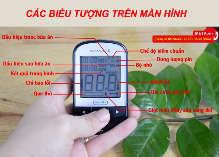 Ý nghĩa biểu tượng hiển thị trên màn hình máy đo đường huyết cá nhân Glucocard 1070 