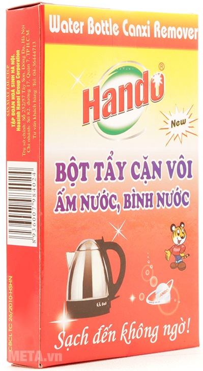 Bột tẩy cặn canxi Hando giúp làm sạch ấm - bình nước nhanh chóng.