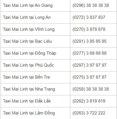 Số điện thoại taxi Mai Linh