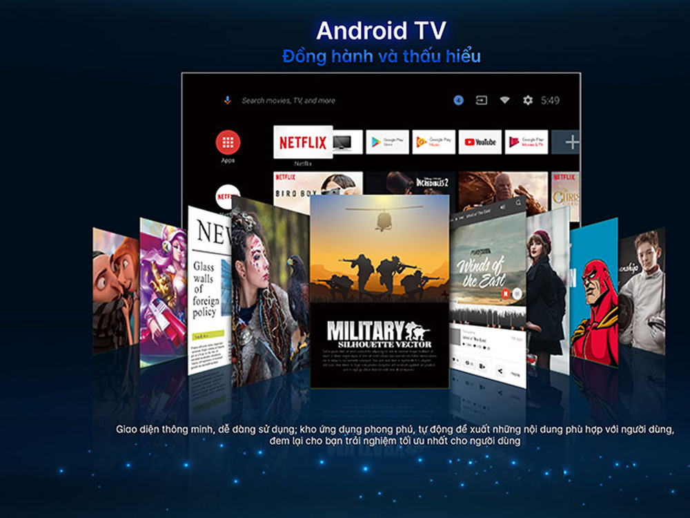 Hệ điều hành Android TV với nhiều ứng dụng phong phú