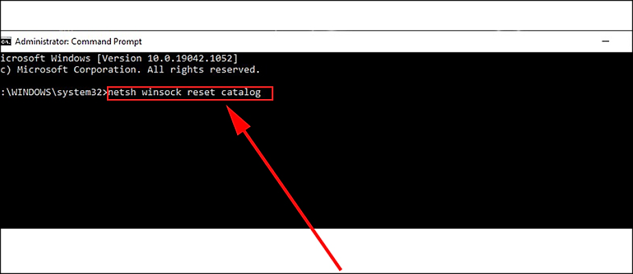 Nhập chính xác lệnh netsh winsock reset catalog và lệnh netsh int ip reset reset.log.