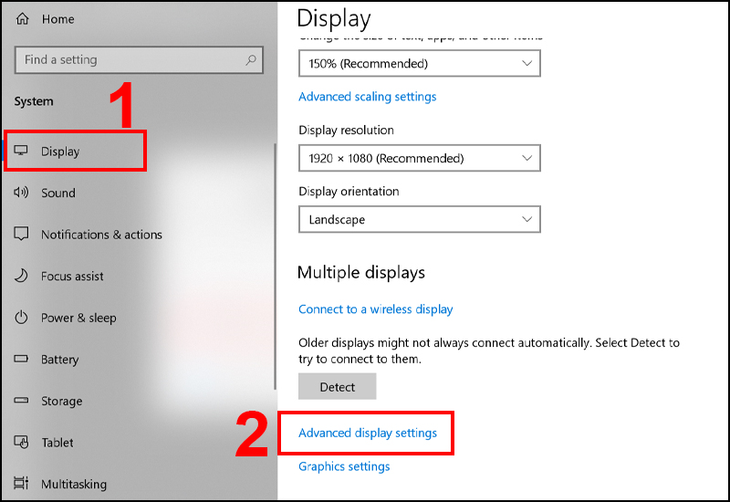 Bước 3: Chọn mục Display > Nhấn vào Advanced display settings ở mục Multiple displays.